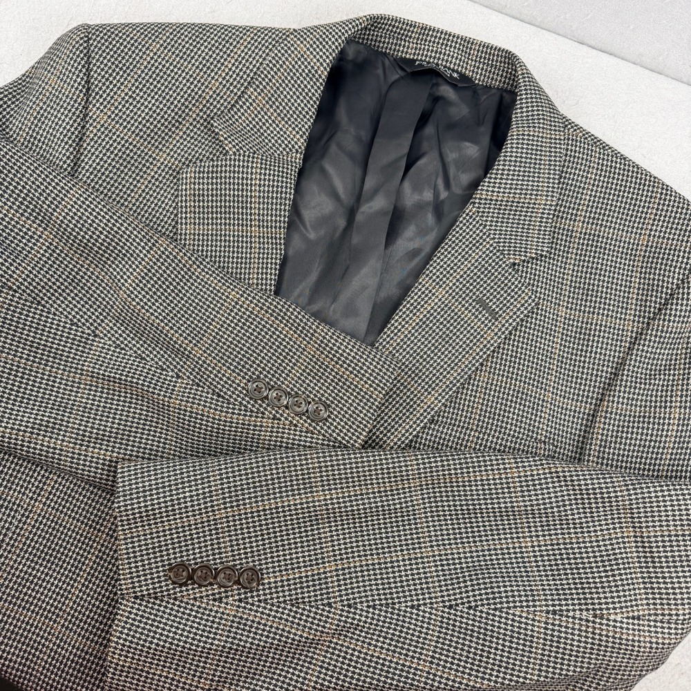 Jos A Bank Mens Blazer 44L Grey Silk‎ Wool Houndstooth Windowpane Sport Coat
